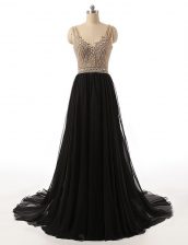 Decent Tulle V-neck Sleeveless Brush Train Side Zipper Beading Prom Dress in Black
