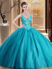 Nice Teal Sleeveless Tulle Lace Up Sweet 16 Dresses for Military Ball and Sweet 16 and Quinceanera