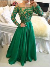 Admirable Green A-line Taffeta Scoop Long Sleeves Beading and Appliques Floor Length Side Zipper Homecoming Dress