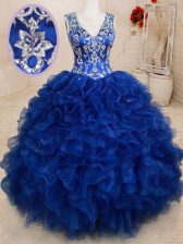Stylish Royal Blue Ball Gowns V-neck Sleeveless Organza Floor Length Backless Beading and Embroidery and Ruffles Quinceanera Gowns