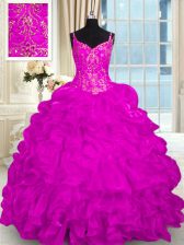 Fashionable Fuchsia Organza Lace Up Spaghetti Straps Sleeveless 15th Birthday Dress Brush Train Beading and Embroidery and Ruffles