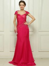  Hot Pink Prom Party Dress Prom and Party with Beading V-neck Cap Sleeves Sweep Train Backless