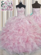  Bling-bling Pink Lace Up Sweetheart Beading and Ruffles Quinceanera Dress Organza Sleeveless