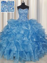  Visible Boning Baby Blue Ball Gowns Beading and Ruffles Sweet 16 Dress Lace Up Organza Sleeveless Floor Length