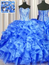 Glittering Blue Sleeveless Organza Lace Up 15th Birthday Dress for Military Ball and Sweet 16 and Quinceanera
