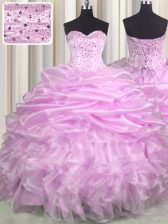  Lilac Sleeveless Brush Train Beading and Ruffles and Pick Ups Floor Length Quinceanera Dress