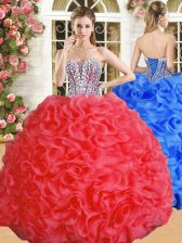 Comfortable Red Lace Up Sweetheart Beading and Ruffles Sweet 16 Dress Organza Sleeveless