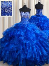 Dramatic Royal Blue Ball Gowns Sweetheart Sleeveless Organza Brush Train Lace Up Beading and Ruffles Quinceanera Gown