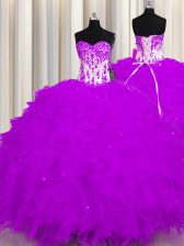 Unique Floor Length Purple Sweet 16 Dress Organza Sleeveless Appliques and Ruffles
