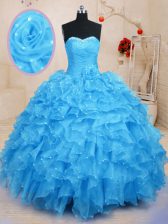 Fitting Baby Blue Organza Lace Up Quinceanera Gowns Sleeveless Floor Length Beading and Ruffles and Hand Made Flower