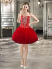 Charming Red Lace Up Prom Dresses Beading and Ruffles Sleeveless Mini Length