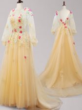  Gold Tulle Backless Scoop Long Sleeves Dress for Prom Brush Train Appliques