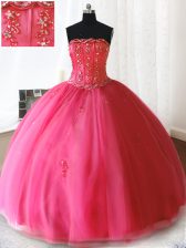 Spectacular Hot Pink Lace Up Strapless Beading and Appliques Quinceanera Dress Tulle Sleeveless