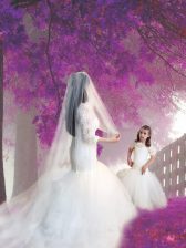  Mermaid White Flower Girl Dresses for Less Party and Quinceanera and Wedding Party with Lace Scoop Short Sleeves Zipper