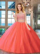 Sumptuous Tulle Scoop Sleeveless Backless Beading Ball Gown Prom Dress in Watermelon Red