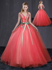 Admirable Appliques and Belt Sweet 16 Quinceanera Dress Coral Red Lace Up Sleeveless Floor Length