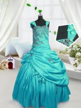  Floor Length Turquoise Little Girls Pageant Gowns Satin Sleeveless Beading and Pick Ups
