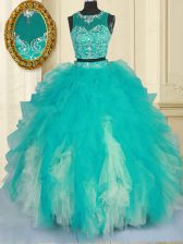Colorful Scoop Floor Length Turquoise Quince Ball Gowns Tulle Sleeveless Beading and Ruffles