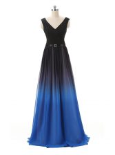 Fine Belt Blue And Black Zipper Sleeveless Floor Length