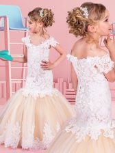  Mermaid White and Champagne Off The Shoulder Neckline Lace Flower Girl Dresses for Less Short Sleeves Lace Up
