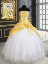  Floor Length Lace Up Quinceanera Gown Yellow And White for Military Ball and Sweet 16 and Quinceanera with Beading and Pick Ups and Hand Made Flower