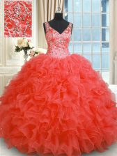  Coral Red V-neck Zipper Beading and Ruffles Vestidos de Quinceanera Sleeveless