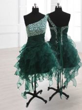 Fashionable Knee Length Peacock Green One Shoulder Sleeveless Lace Up