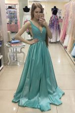 Green Zipper Prom Dress Beading Sleeveless With Train Sweep Train
