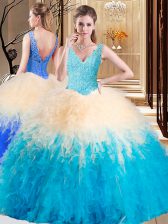 Shining Multi-color Sleeveless Floor Length Appliques and Ruffles Zipper Sweet 16 Dress