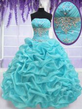 Eye-catching Aqua Blue Strapless Lace Up Beading and Pick Ups Sweet 16 Dresses Sleeveless
