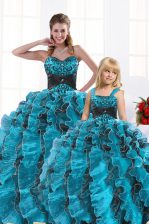 Sweetheart Sleeveless Quinceanera Dress Floor Length Beading and Appliques and Ruffles Aqua Blue Organza