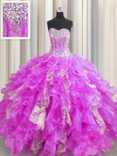 Spectacular Visible Boning Lilac Ball Gowns Beading and Ruffles and Sequins Quinceanera Dress Lace Up Organza and Sequined Sleeveless Floor Length