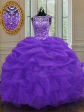  Organza Scoop Sleeveless Lace Up Beading and Pick Ups Sweet 16 Dresses in Eggplant Purple