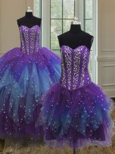 Romantic Three Piece Tulle Sweetheart Sleeveless Lace Up Beading and Ruffles and Sequins Sweet 16 Quinceanera Dress in Multi-color