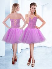 Smart A-line Prom Party Dress Lilac Sweetheart Organza Sleeveless Knee Length Lace Up