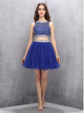 Inexpensive Royal Blue A-line Organza Scoop Sleeveless Beading Mini Length Side Zipper Prom Gown