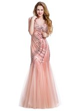  Mermaid Peach V-neck Lace Up Beading Sleeveless