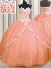  Peach Ball Gowns Sweetheart Sleeveless Organza With Brush Train Lace Up Beading and Appliques Sweet 16 Dress