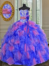  Multi-color Organza Lace Up Sweetheart Sleeveless Floor Length Quinceanera Gowns Beading and Appliques and Ruffles and Sashes ribbons and Hand Made Flower