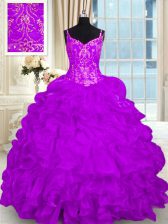  Spaghetti Straps Sleeveless Brush Train Lace Up Quinceanera Gowns Purple Organza