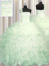 Decent One Shoulder Sleeveless Floor Length Beading and Ruffles Zipper Sweet 16 Quinceanera Dress with Apple Green