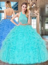  Aqua Blue Halter Top Neckline Beading and Ruffles Vestidos de Quinceanera Sleeveless Backless