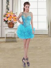Traditional Baby Blue Ball Gowns Tulle Scoop Sleeveless Beading and Ruffles Mini Length Lace Up 