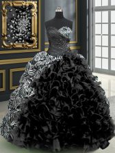 Custom Fit Printed With Train Lace Up Vestidos de Quinceanera Black for Military Ball and Sweet 16 and Quinceanera with Beading and Ruffles and Pattern Brush Train