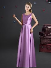 Latest Straps Lilac Empire Bowknot Quinceanera Dama Dress Zipper Elastic Woven Satin Sleeveless Floor Length