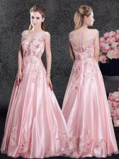  Scoop Cap Sleeves Floor Length Appliques Baby Pink Organza