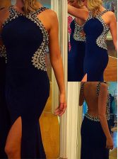Deluxe Mermaid Navy Blue Chiffon Backless V-neck Sleeveless Evening Dress Court Train Beading