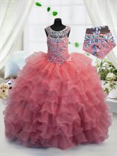 Coral Red Ball Gowns Organza Scoop Sleeveless Beading and Ruffled Layers Floor Length Lace Up Kids Formal Wear