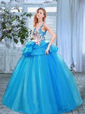 Best Scoop Sleeveless Organza Quince Ball Gowns Appliques and Hand Made Flower Lace Up