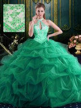 Custom Designed Halter Top Dark Green Lace Up Sweet 16 Quinceanera Dress Beading and Ruffles and Pick Ups Sleeveless Floor Length